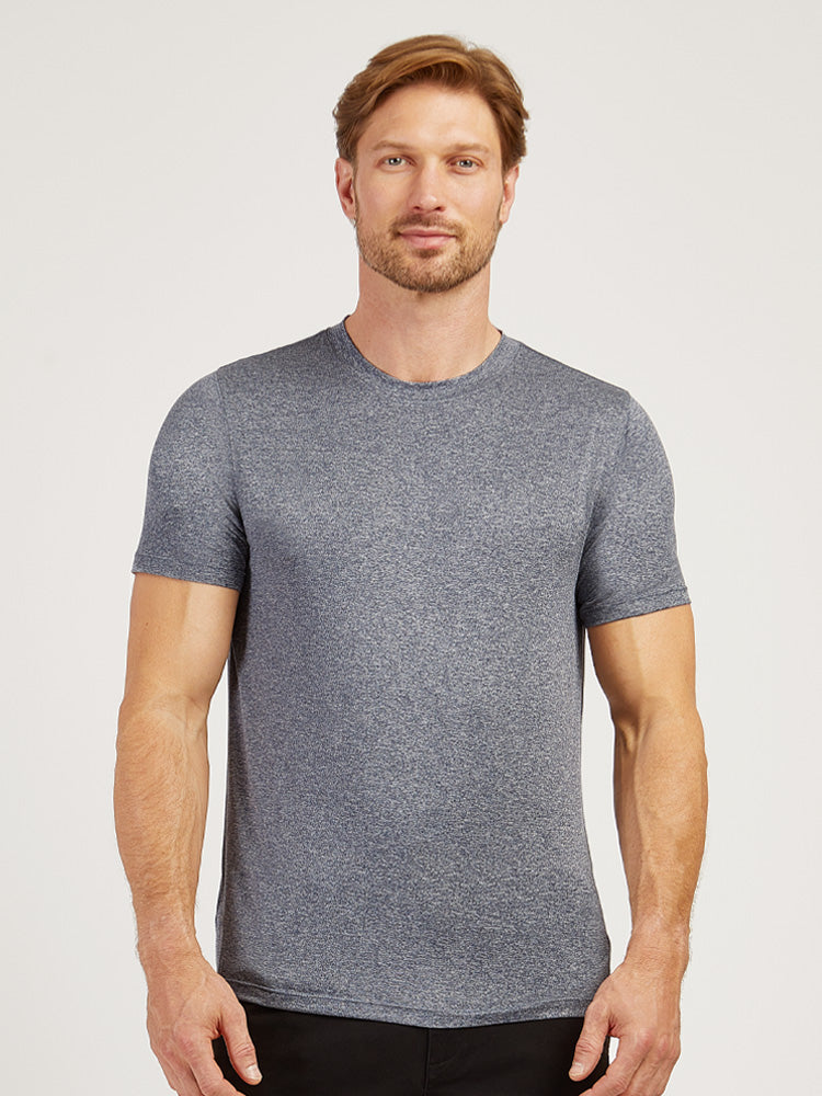 Men wearing Blue Heather Tech Tee