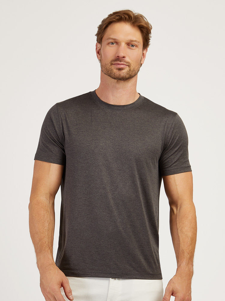 Men wearing Charcoal Heather Tech Tee