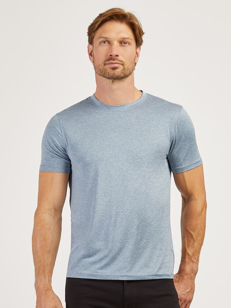 Men wearing Sky Blue Heather Tech Tee