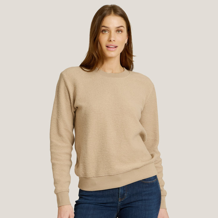 Women wearing Caramel Crew Neck Fleece Sweatshirt