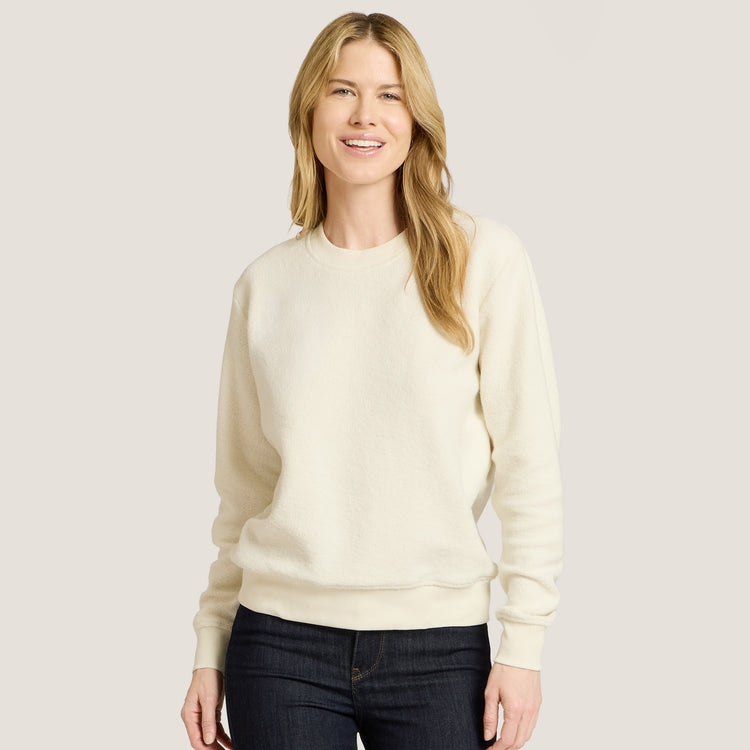 Women wearing Ivory Crew Neck Fleece Sweatshirt