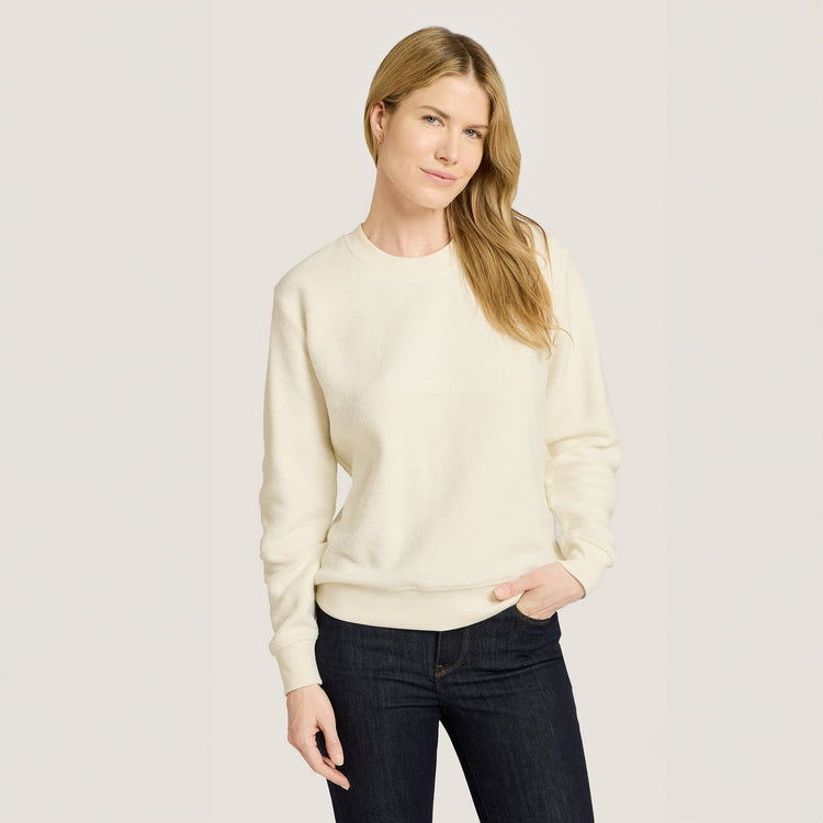 Women wearing Ivory Crew Neck Fleece Sweatshirt