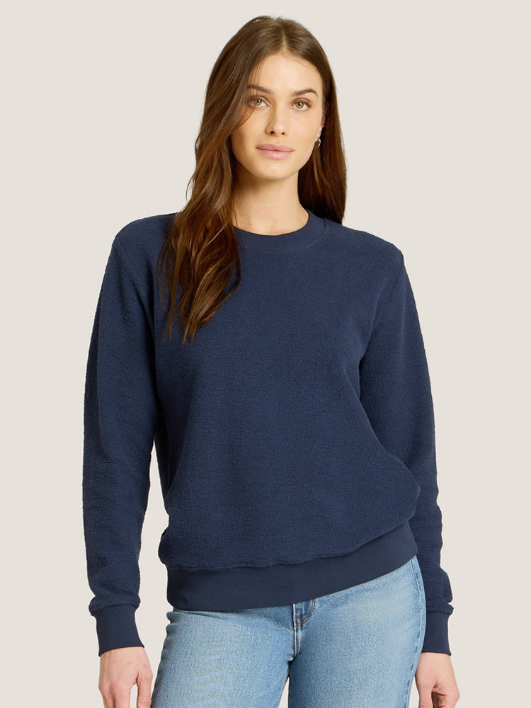 Women wearing Soft Navy Crew Neck Fleece Sweatshirt