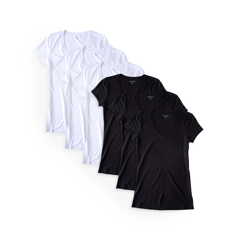 Women wearing White/Black Fitted V-Neck Marcy 6-Pack tees