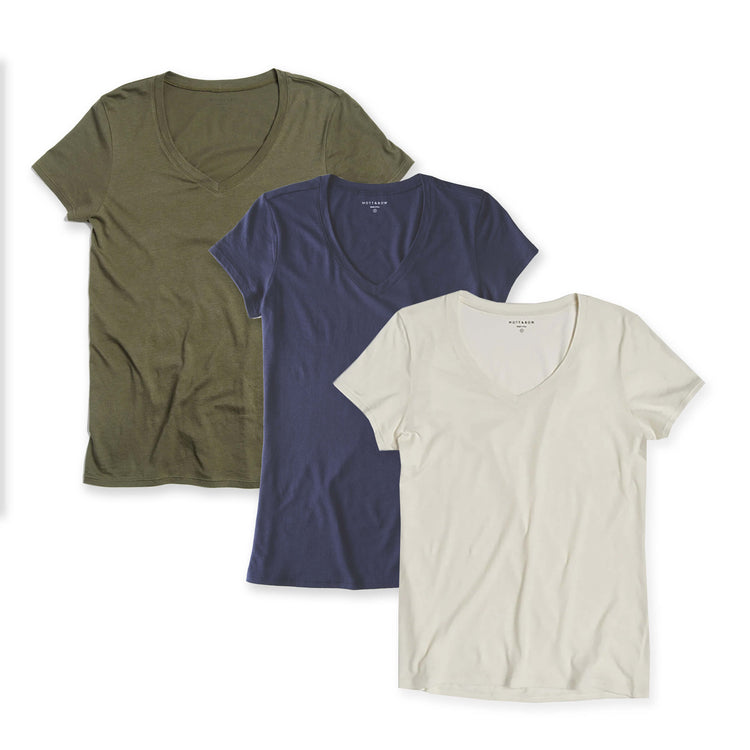 Women wearing Military Green/Navy/Vintage White Fitted V-Neck Marcy 3-Pack