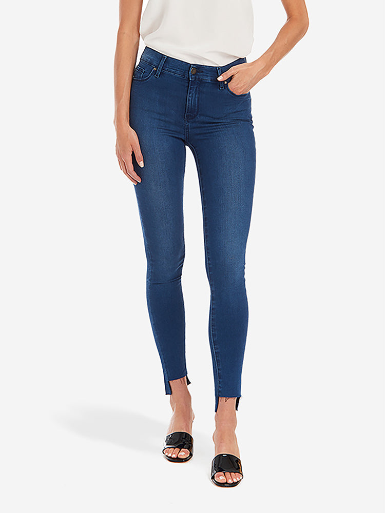 Women wearing Medium Blue w/ Uneven Hem High Rise Skinny Ann Jeans