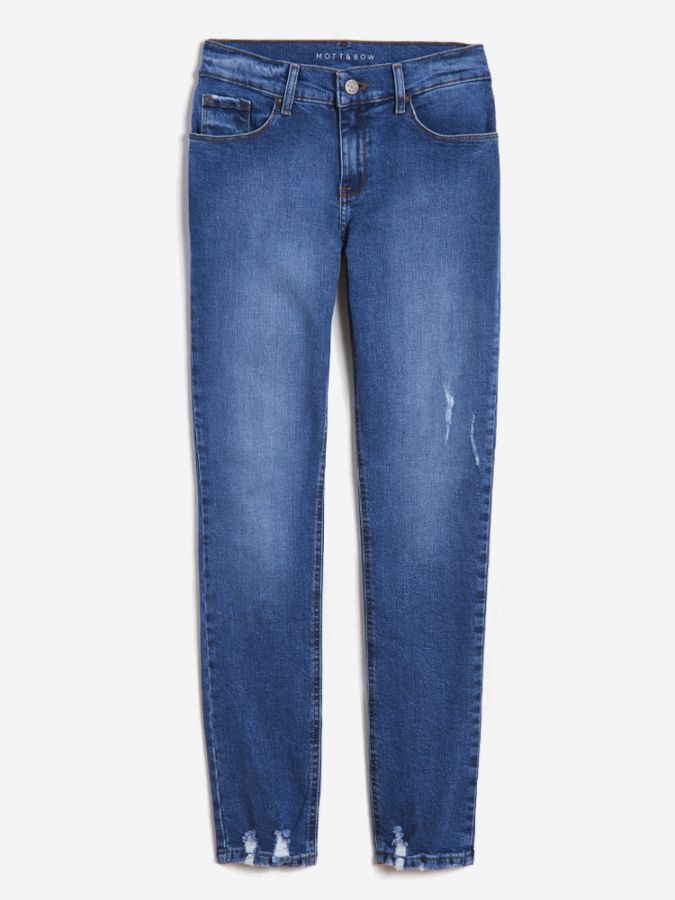 Women wearing Bleu clair/Médium Mid Rise Slim Straight Ridge Jeans