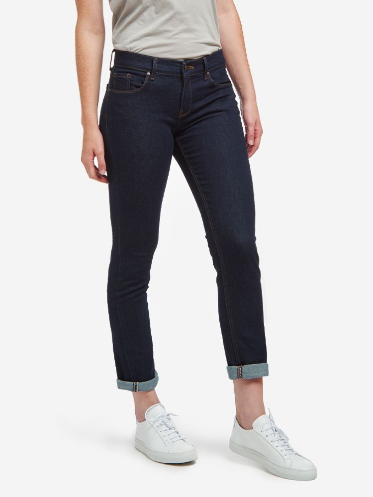 Women wearing Dark Blue Slim Straight Ridge Jeans