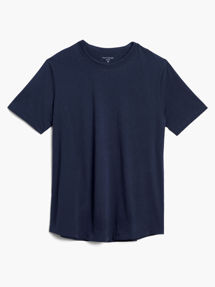 Men wearing Navy Curved Hem Driggs Tee