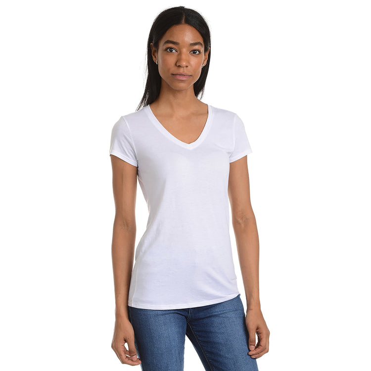 Women wearing White Fitted V-Neck Marcy Tee