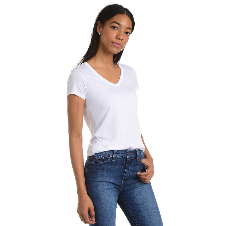 Women wearing White Fitted V-Neck Marcy Tee