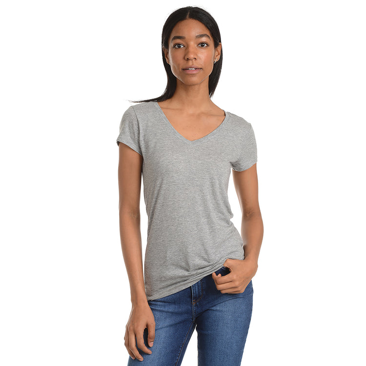 Women wearing Heather Gray Fitted V-Neck Marcy Tee