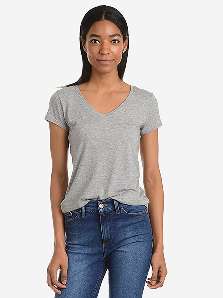 Women wearing Heather Gray Fitted V-Neck Marcy Tee