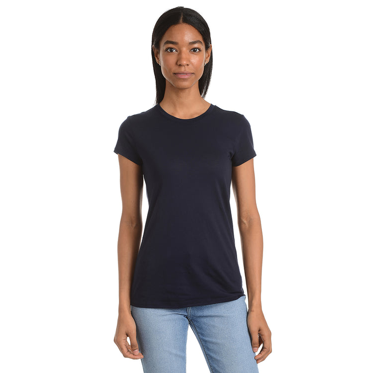 Women wearing Navy Fitted Crew Marcy Tee