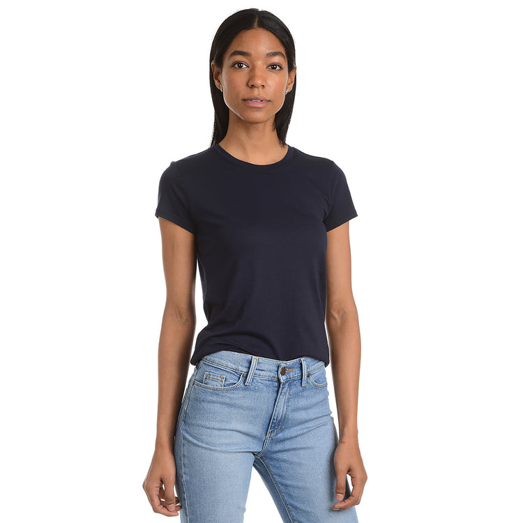 Women wearing Navy Fitted Crew Marcy Tee