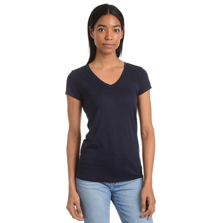 Women wearing Navy Fitted V-Neck Marcy Tee