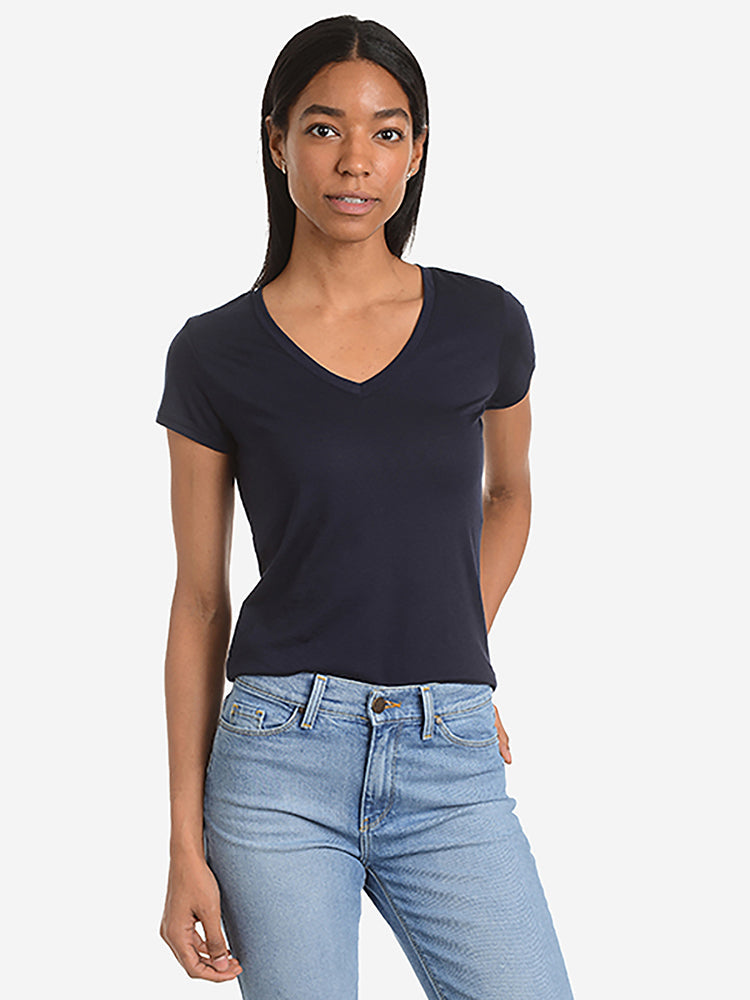 Women wearing Cardamom Fitted V-Neck Marcy Tee