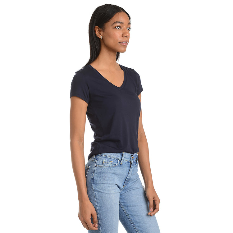 Women wearing Navy Fitted V-Neck Marcy Tee