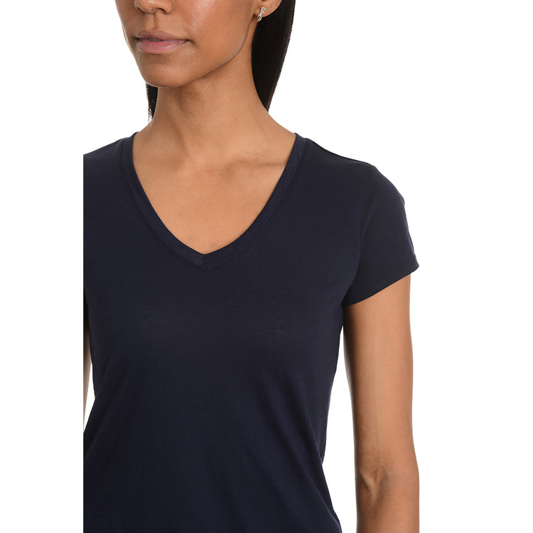 Women wearing Navy Fitted V-Neck Marcy Tee