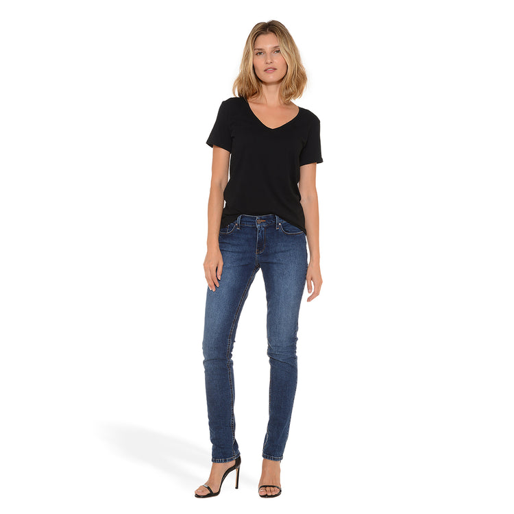 Women wearing Medium/Dark Blue Mid Rise Slim Straight Ridge Jeans