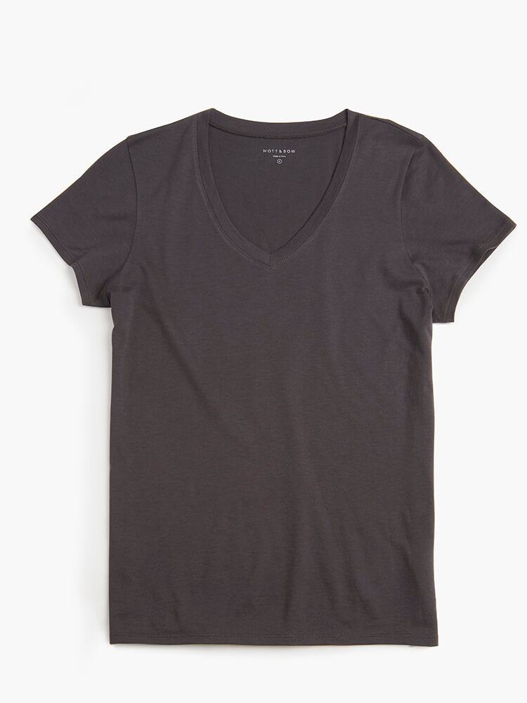 Women wearing Noche Gray Fitted V-Neck Marcy Tee