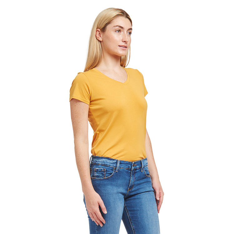 Women wearing Golden Brown Fitted V-Neck Marcy Tee test