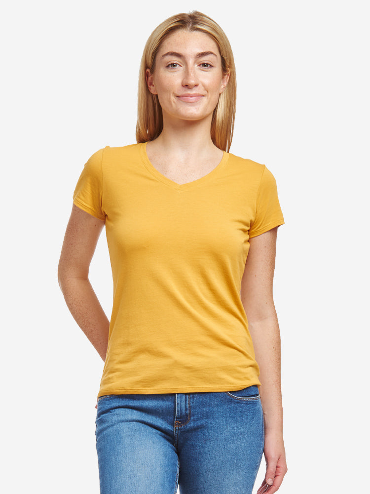 Women wearing Golden Brown Fitted V-Neck Marcy Tee test