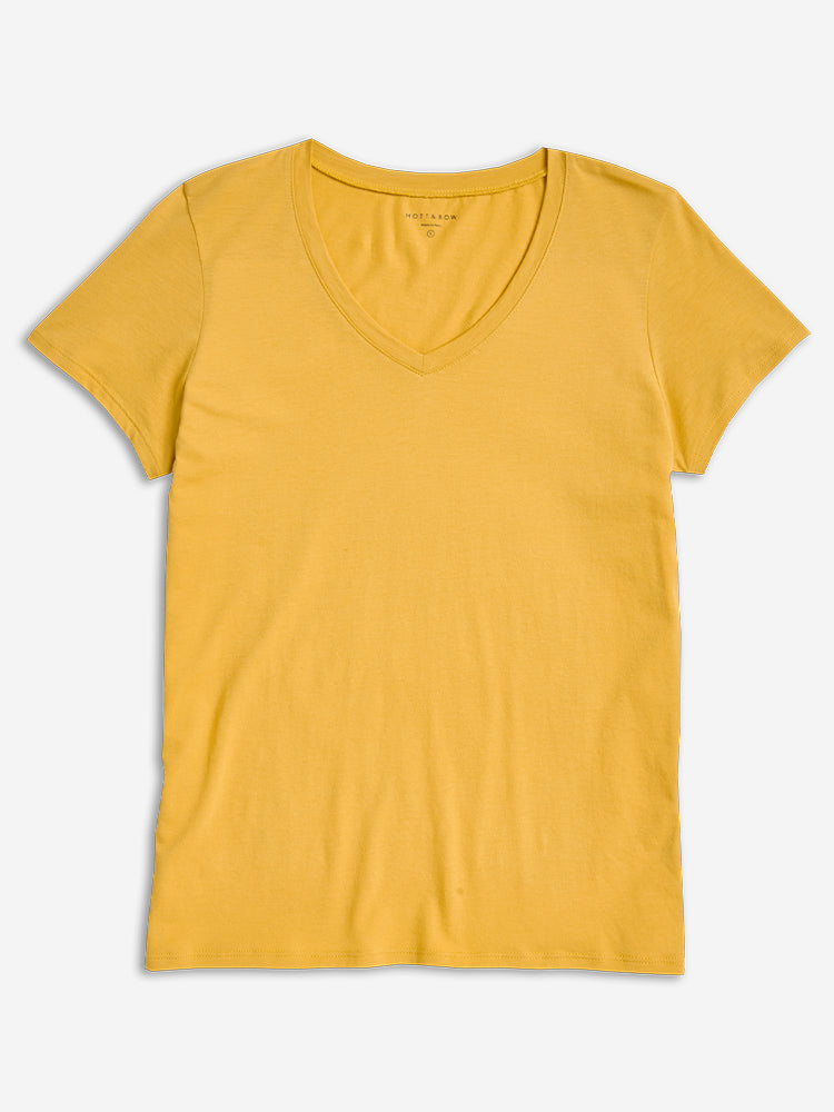 Women wearing Golden Brown Fitted V-Neck Marcy Tee test