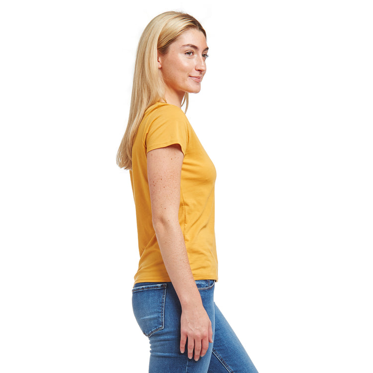 Women wearing Golden Brown Fitted V-Neck Marcy Tee test
