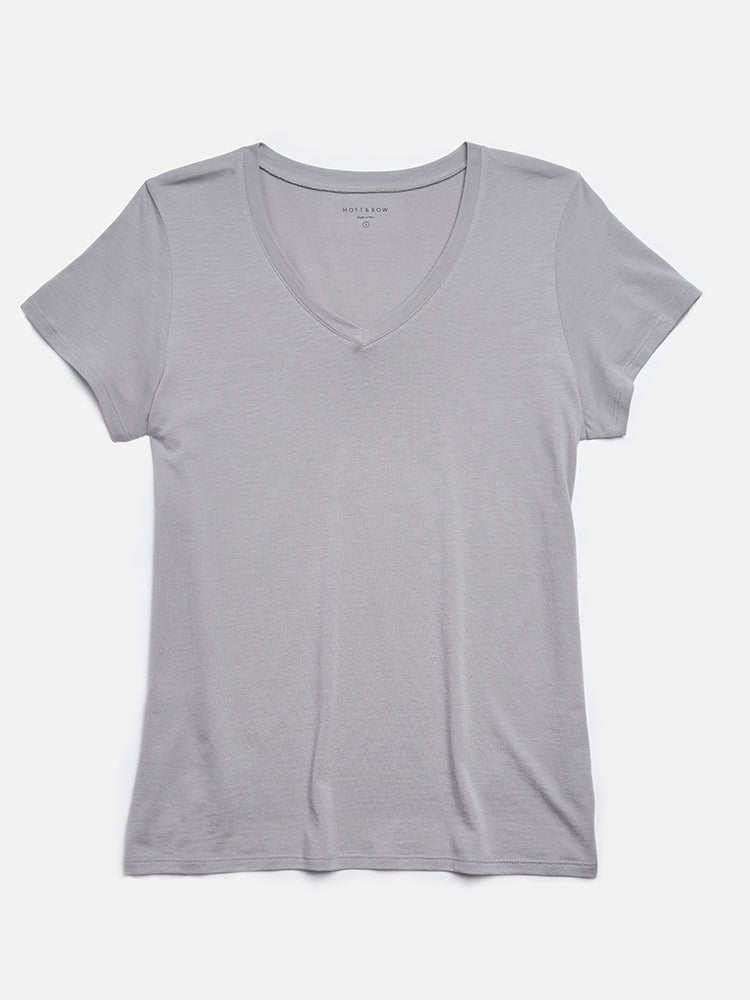 Women wearing Light Gray Fitted V-Neck Marcy Tee