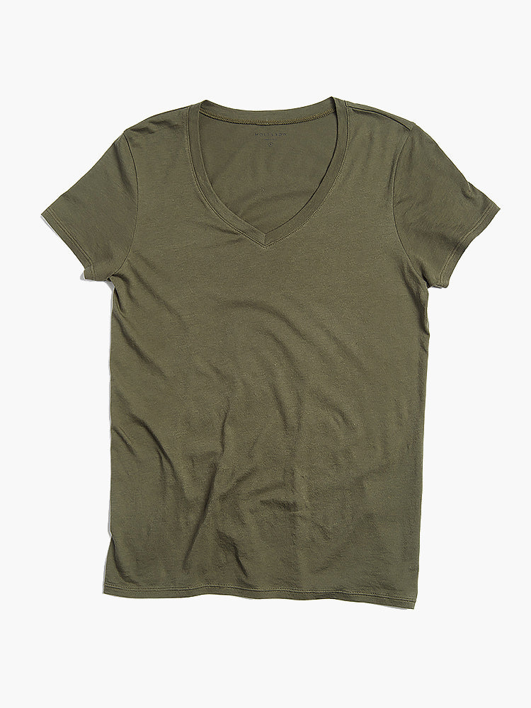 Women wearing Military Green Fitted V-Neck Marcy Tee