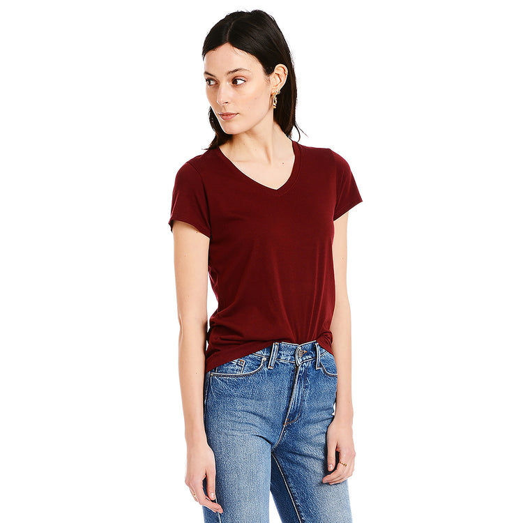 Women wearing Crimson Fitted V-Neck Marcy Tee