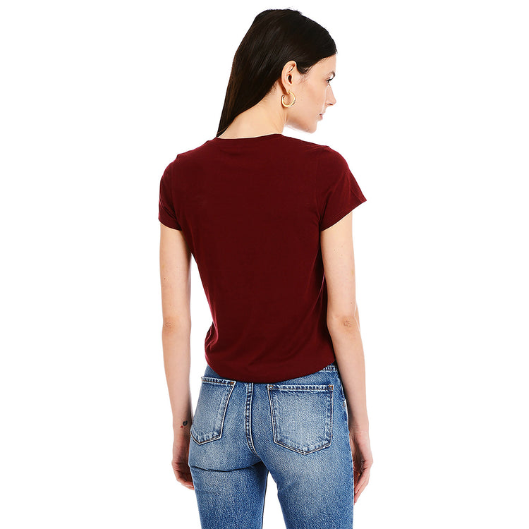 Women wearing Crimson Fitted V-Neck Marcy Tee
