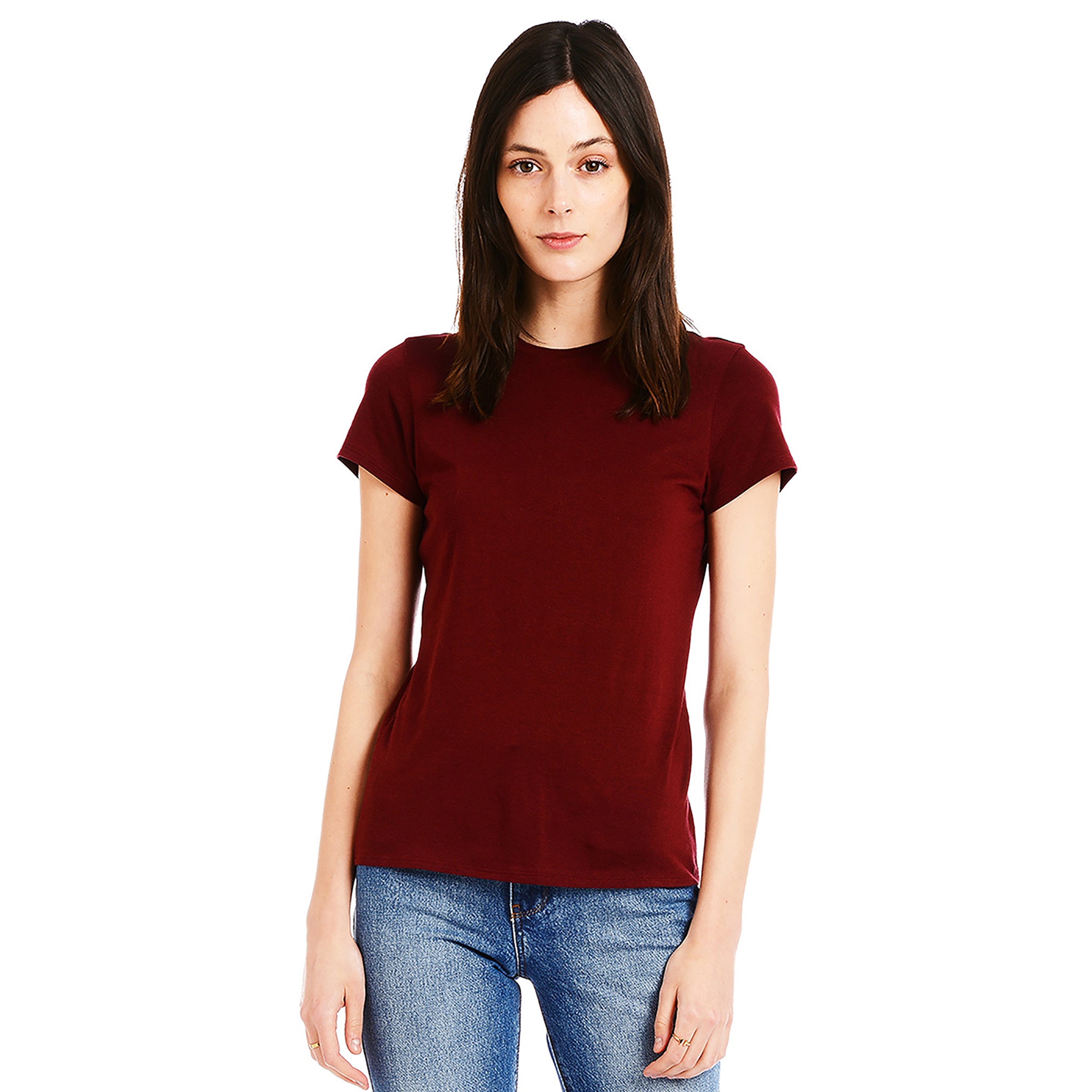 Women wearing Crimson Fitted Crew Marcy Tee