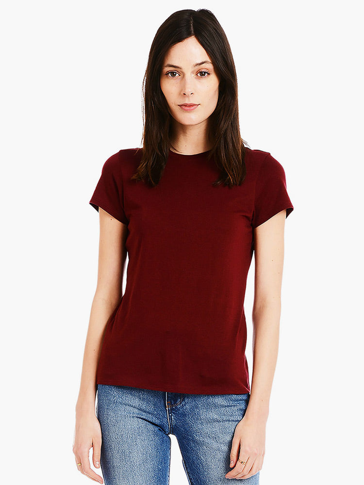 Women wearing Crimson Fitted Crew Marcy Tee