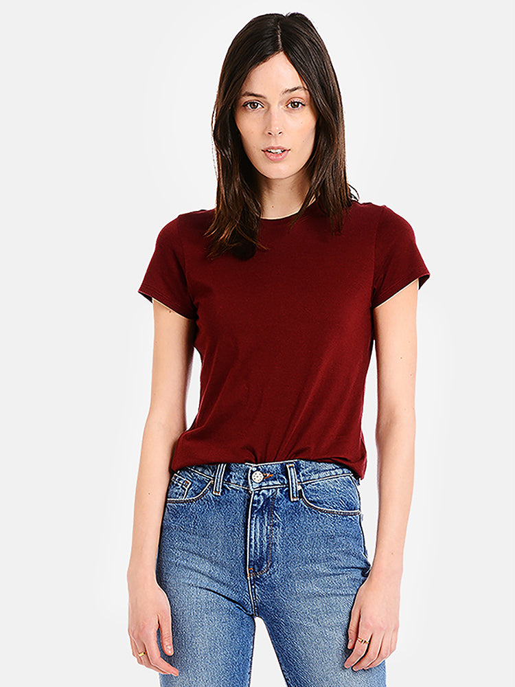 Women wearing Crimson Fitted Crew Marcy Tee