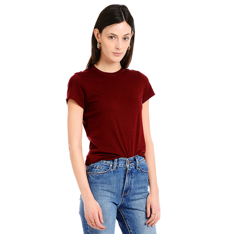 Women wearing Crimson Fitted Crew Marcy Tee