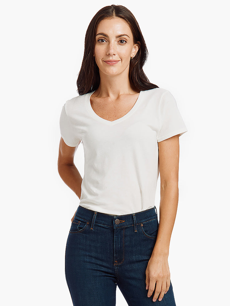 Women wearing Vintage White Fitted V-Neck Marcy Tee