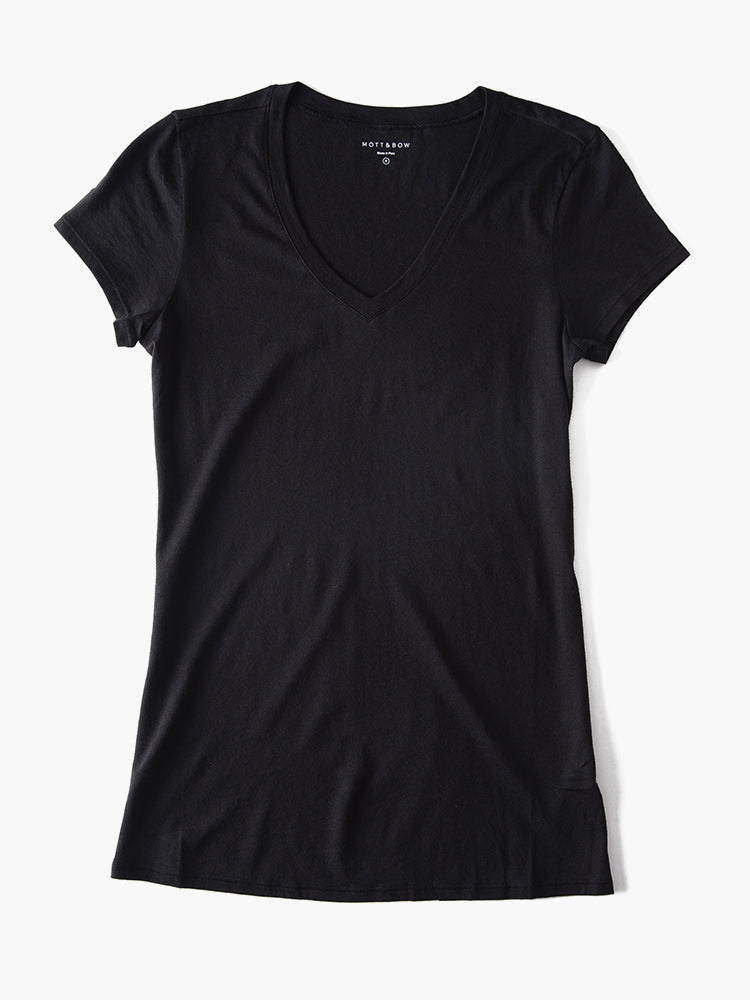Women wearing Black Fitted V-Neck Marcy Tee