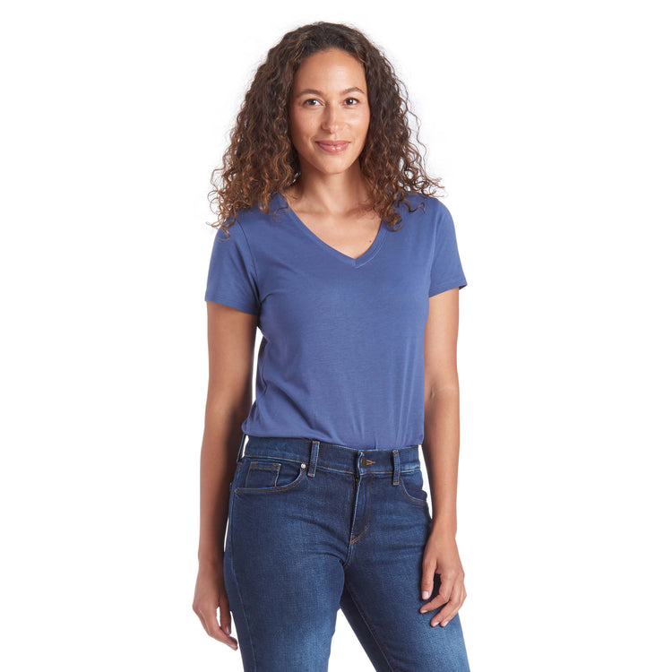Women wearing Vintage Navy Fitted V-Neck Marcy Tee