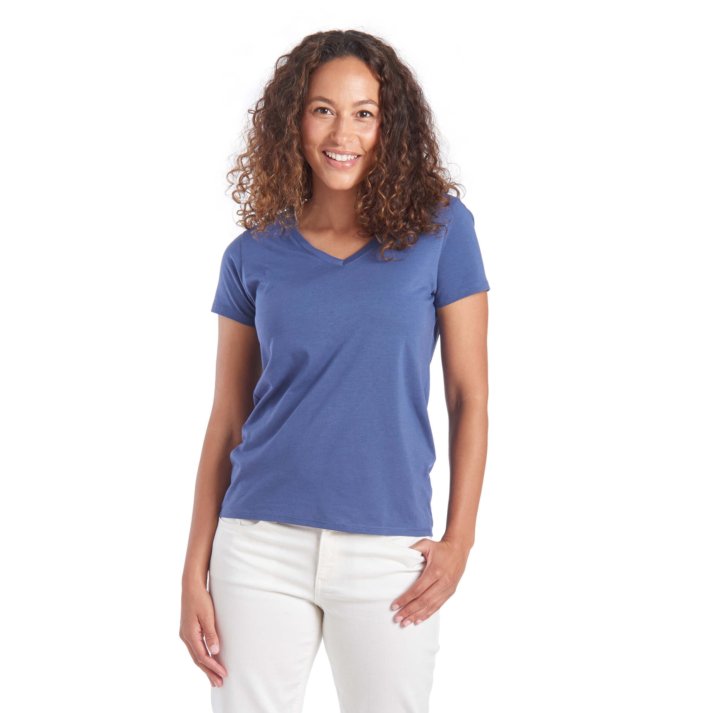 Women wearing Vintage Navy Fitted V-Neck Marcy Tee