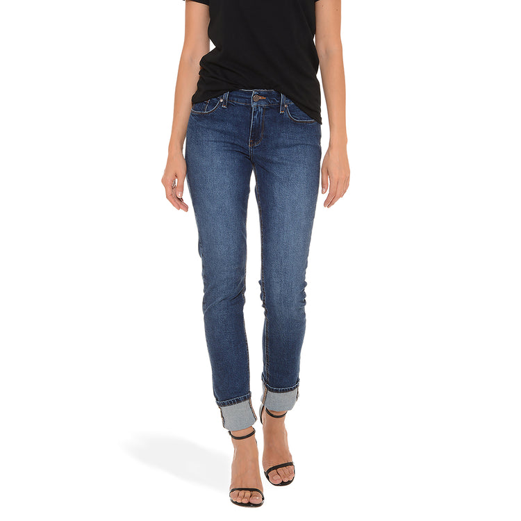 Women wearing Medium/Dark Blue Mid Rise Slim Straight Ridge Jeans