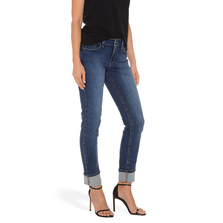 Women wearing Medium/Dark Blue Mid Rise Slim Straight Ridge Jeans