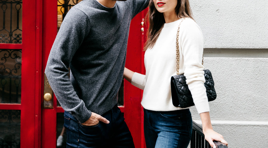A man and woman wearing fall outfits
