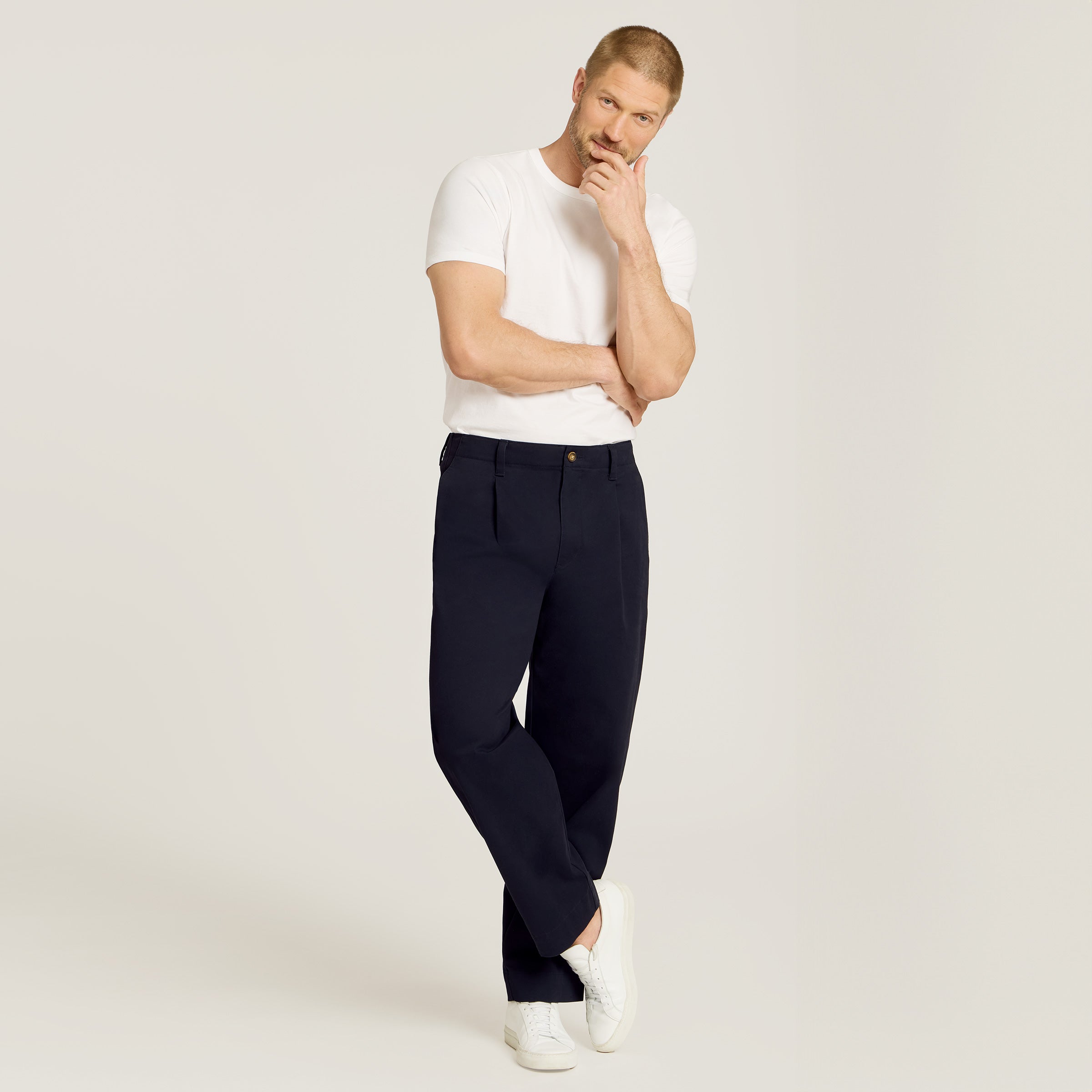 Men wearing Navy Wide Leg Chino