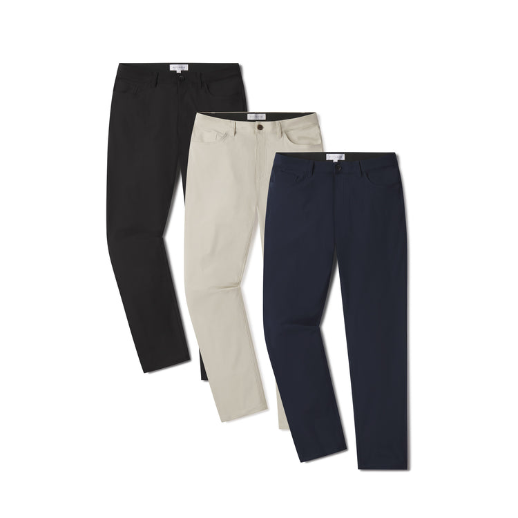 Men wearing Navy/Stone/Black 5 Pocket Travel Pants 3-Pack