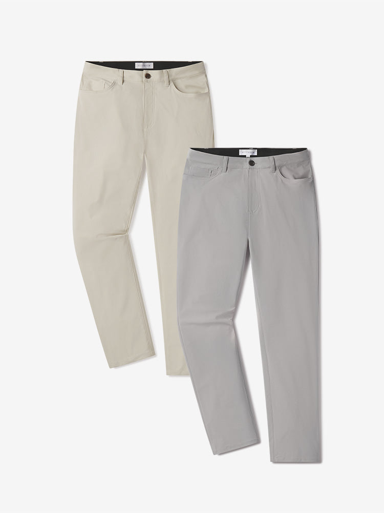 Men wearing Stone/Silver 5 Pocket Travel Pants 2-Pack