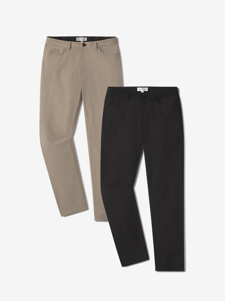 Men wearing Black/Khaki 5 Pocket Travel Pants 2-Pack