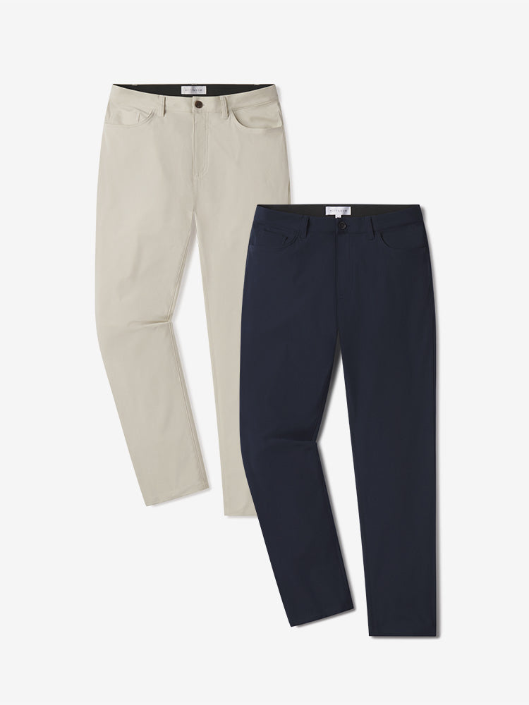 Men wearing Navy/Stone 5 Pocket Travel Pants 2-Pack