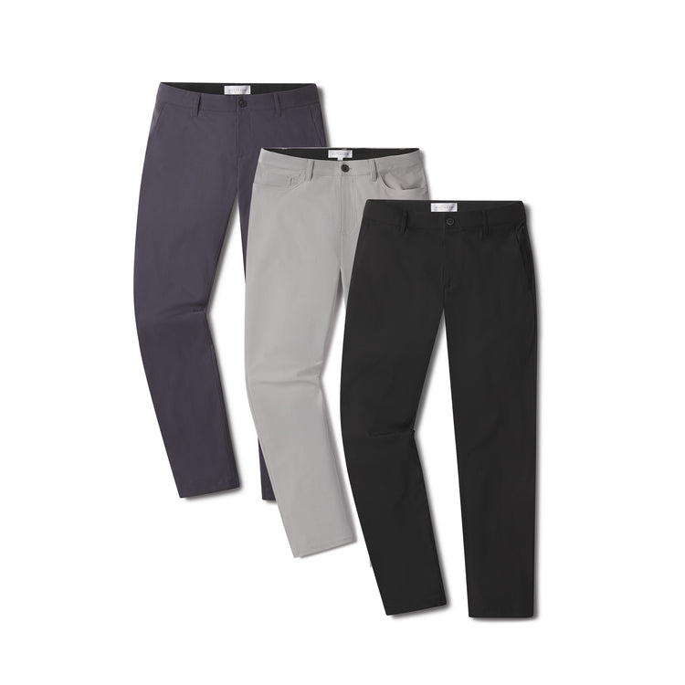 Men wearing Black/Granite/Silver 5 Pocket Travel Pants 3-Pack